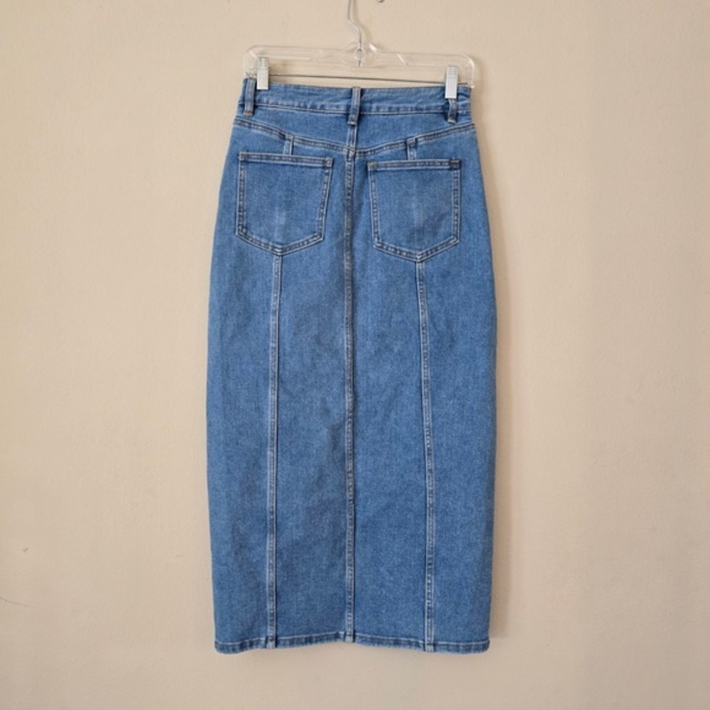 House of Harlow 1960 Women's Denim Midi Skirt Blue Seamed Front Slit Size 6 - Picture 2 of 5